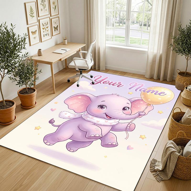 Elephant Theme Crystal Velvet Rug Personalized Custom Name Text Soft Floor Mat Home Decor