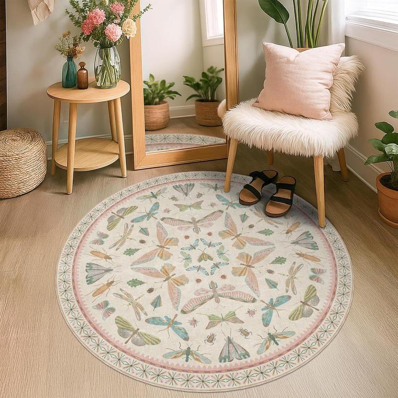 Vintage Insect Print Round Rug Butterfly Moth Dragonfly Pattern Black Non-Slip Carpet Home Decor Mat for Living Room Bedroom