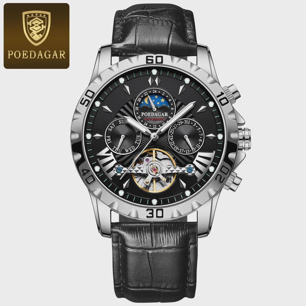 POEDAGAR Tourbillon Automatic Mechanical Wristwatch Waterproof Luminous Date Week Leather Men Watch