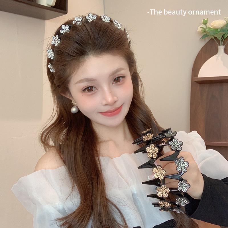Korean Rhinestone Floral Wave Headband: Women's Frizz Control, High Skull Top, Wash Face Clip, Hair Tie