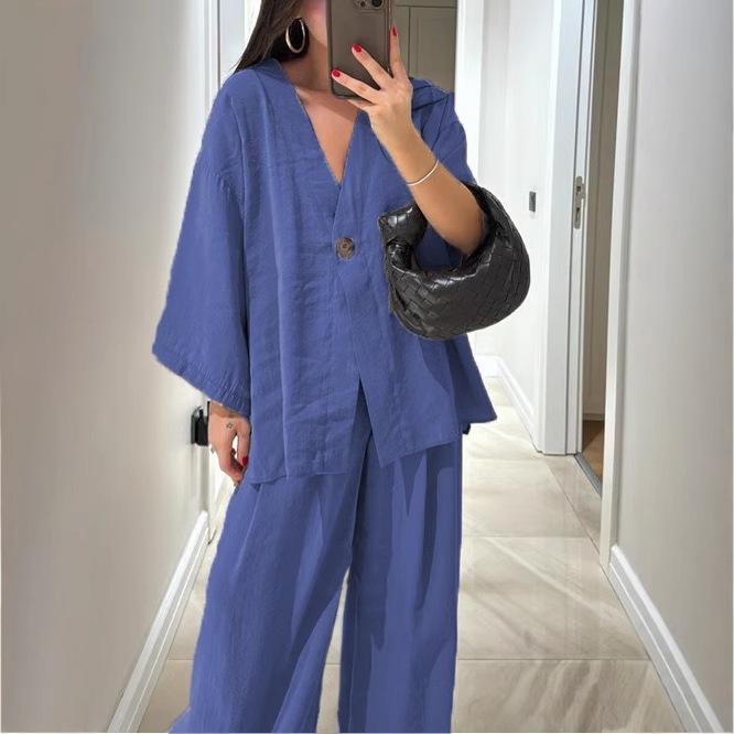 Causal Oversized Solid Pant Suit Women Single Button Long Sleeve V-neck Shirt Set Summer Casual Lady Streetwear