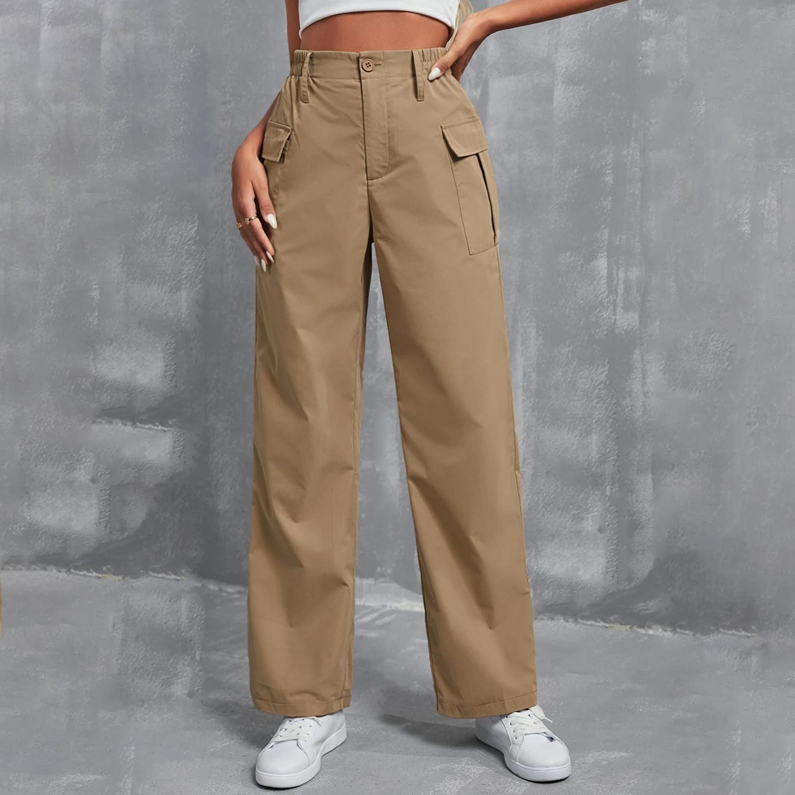 Ladies  Fashionable Color Straight Leg Pants With High Waist Pockets Casual Pants L