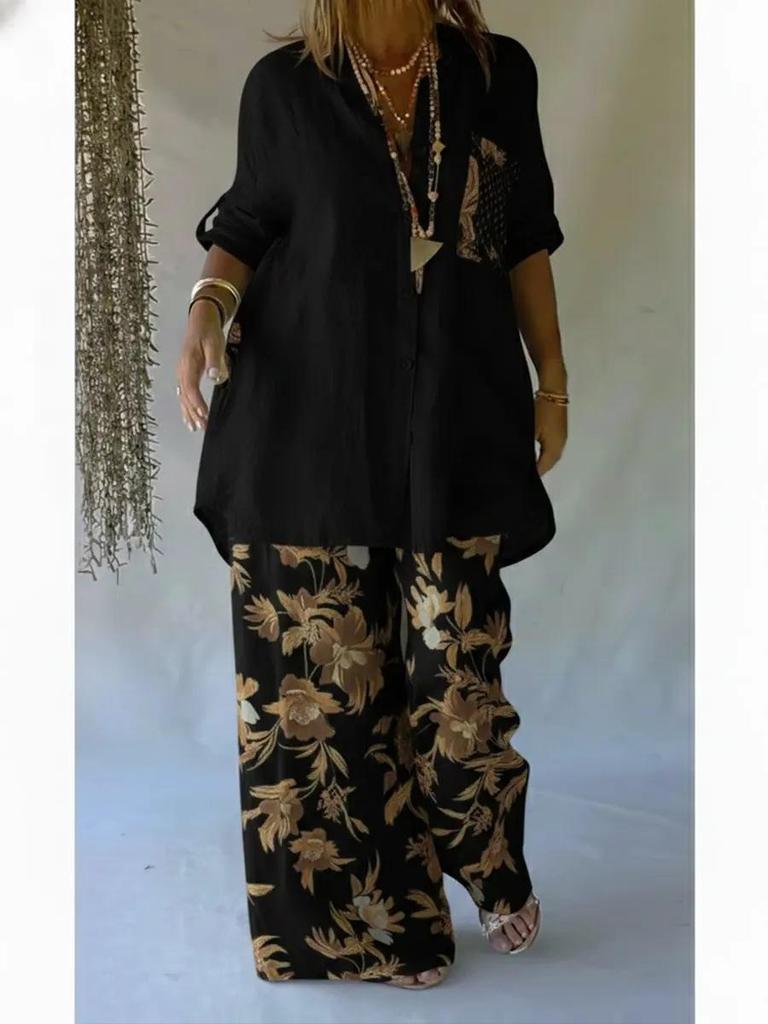 Spring Women's Floral Print Mid-Length Sleeve Top & Long Pants Set 2026