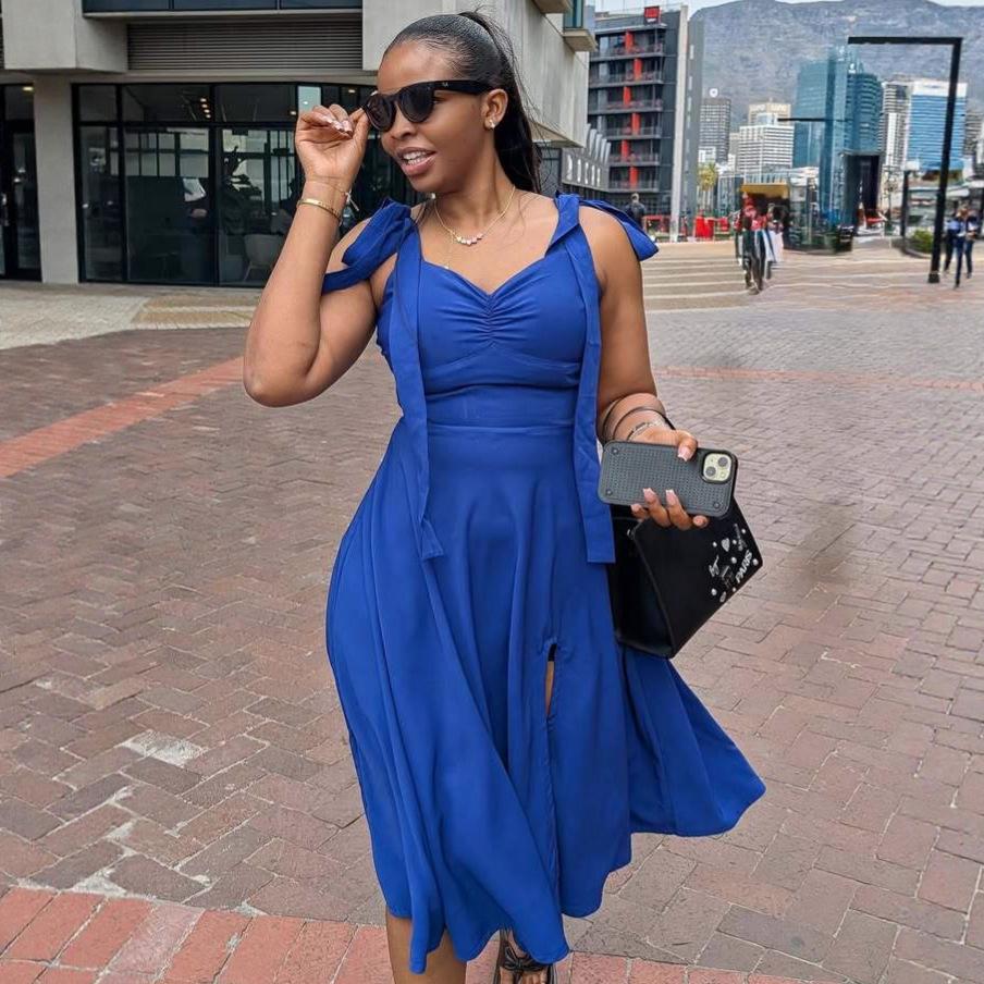 European and American women s solid-color bow tie pleated waist-shaped, slimming dress for women, African slit elegant dress S королевский синий