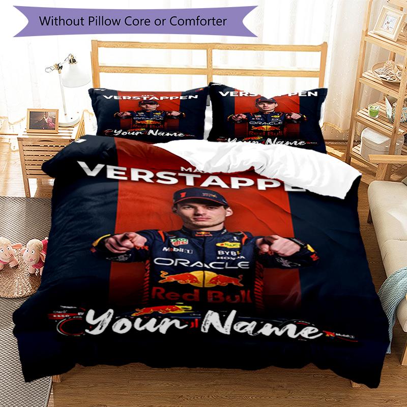 3ks Sada povlečení na míru Max Verstappen Uzavírání na zip Obsahuje 1 povlak na přikrývku a 2 povlaky na polštář, měkké a pohodlné pro všechna roční období.