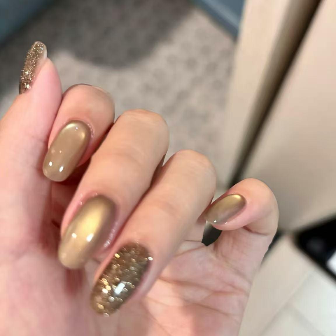 Golden Brown Gradient Glitter Cat Eye Handmade Wearable Nails Extra Small