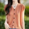 Linen V-neck Knit Cardigan - Women's Short Sleeve, Summer 2026, Solid Color, Loose Fit.
