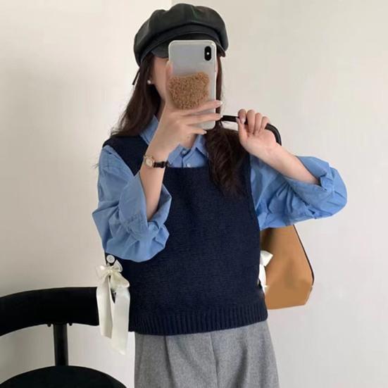 Women Knitted Vest Round Neck Sleeveless Crop Tank Back Bow Tie Decor Hollow Back Solid Color Sweater Vest