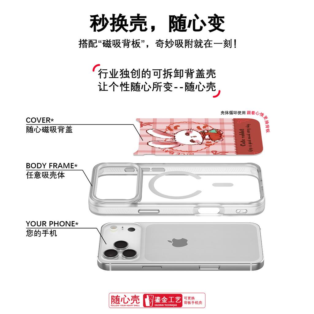 Applicable to Apple 17pro mobile phone case, advanced sense 16 replaceable back plate 15promax magnetic mobile phone case, rose red rabbit.
