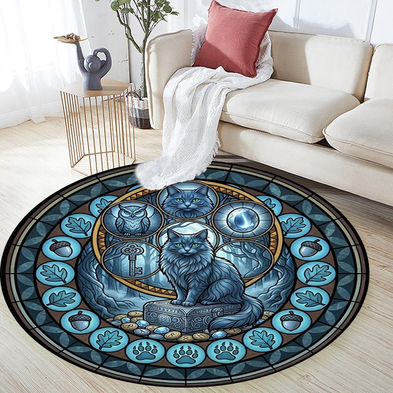 Glass Cat Mandala Round Area Rug Under Office Chairs Bedroom Living Room Home Decor