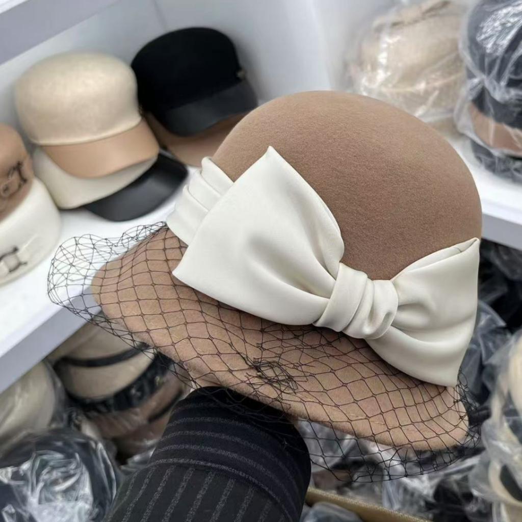 French elegant mesh bow 100% wool bucket hat women's autumn and winter Hepburn basin hat temperament celebrity top hat