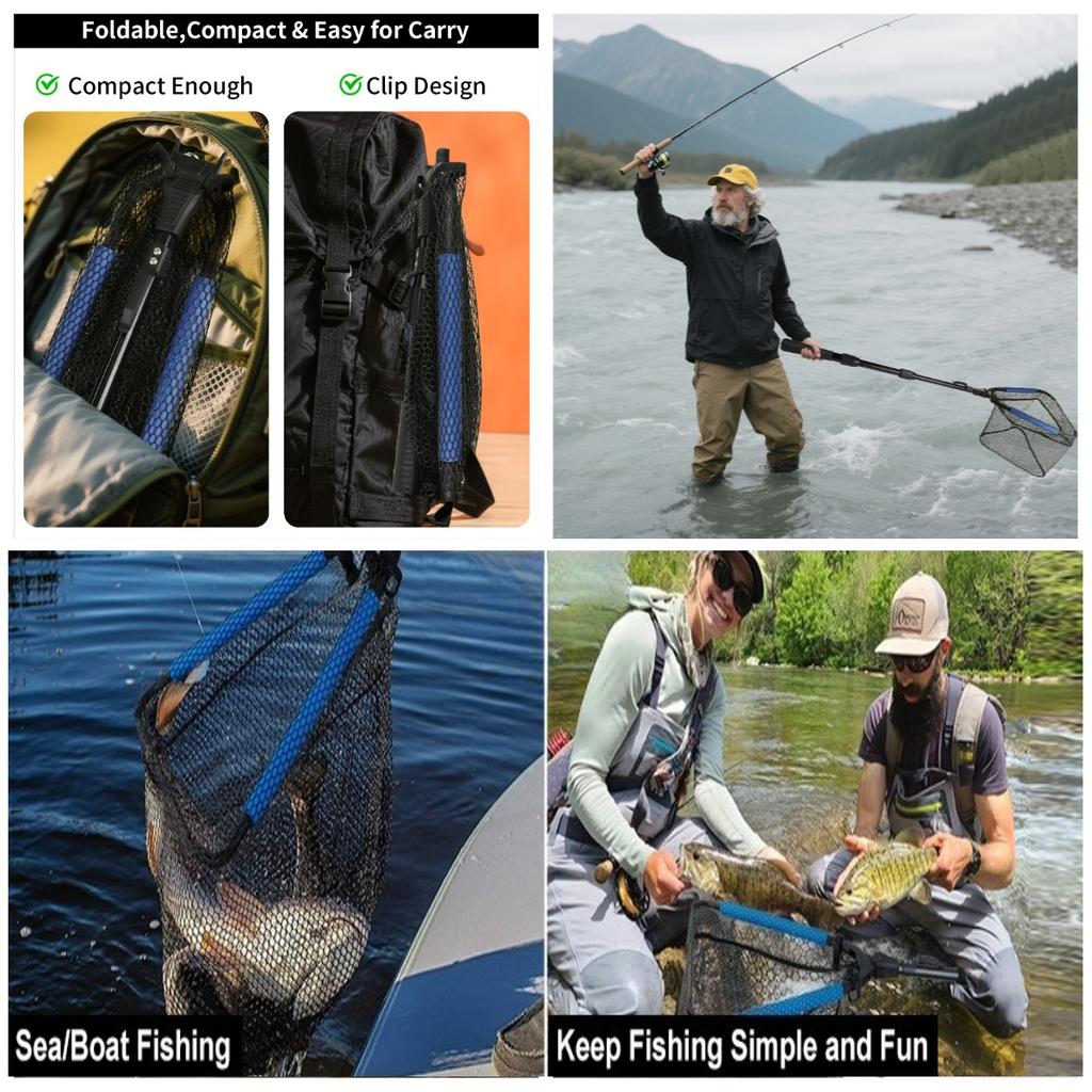 Telescopic Fishing Net with Blue Foam Rubber Coated  Foldable Collapsible Fish Landing Net for Saltwater Freshwater Fish Catch