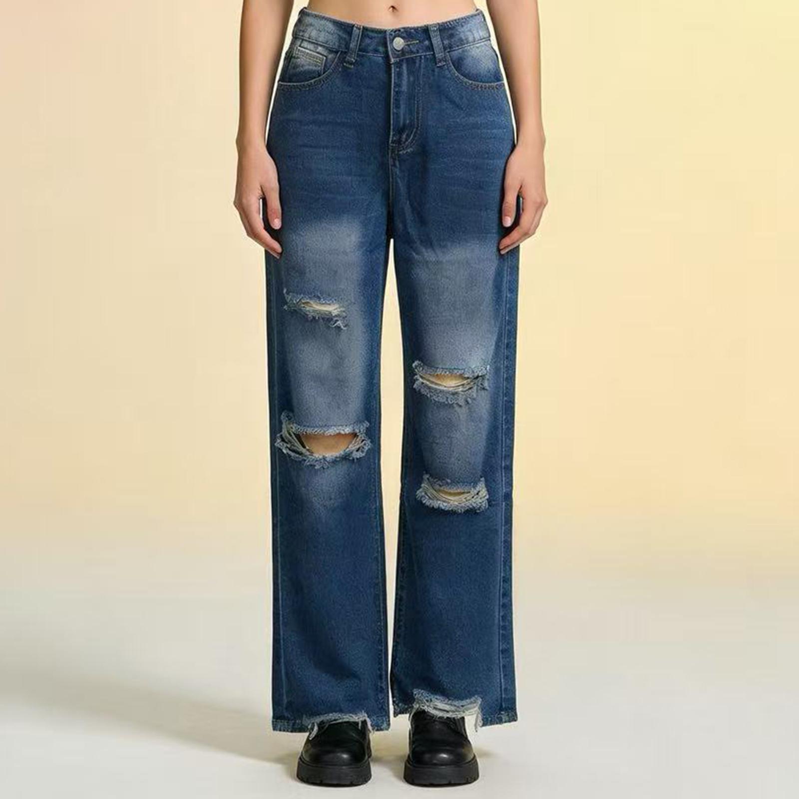 

Women s Mid- Stretch Jeans Fashion Straight Leg Denim Pants With Pockets XL синій