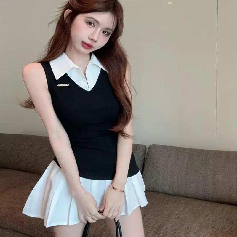 

Womens Preppy Style Sleeveless Fake Two-Piece Bodycon Mini Dress S чёрный