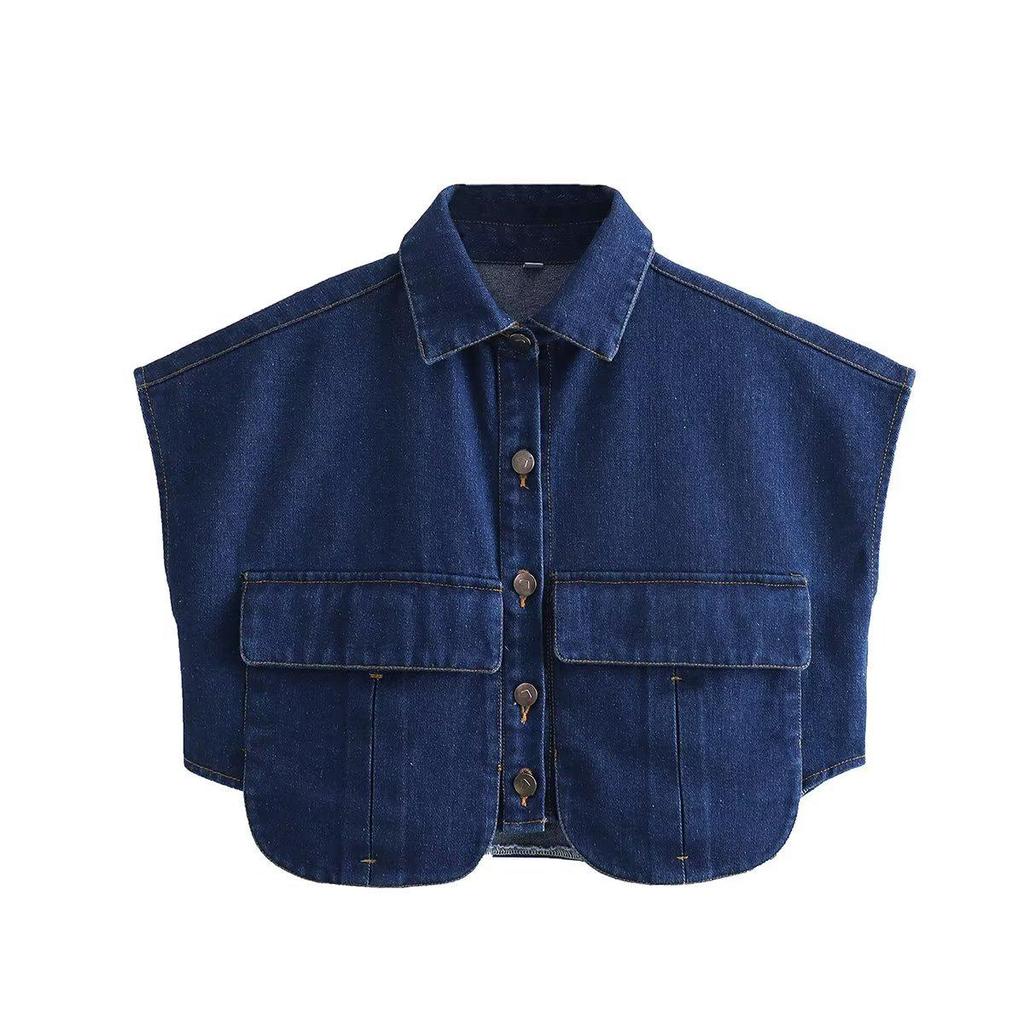 Women's Patchwork Irregular Polo Collar Denim Cardigan Top