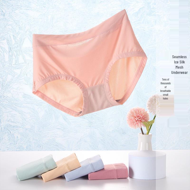 Women's Ultra-Thin Ice Silk Panties: Breathable Mesh, Mid-Waist, Plus Size, Seamless, Cotton Crotch