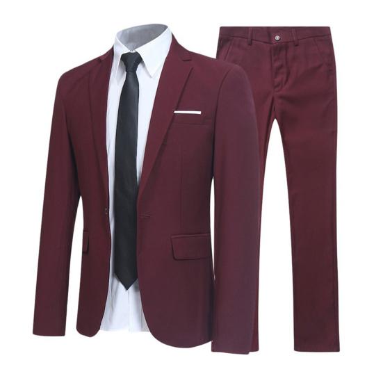1 Set Men Jacket Pants Solid Color Turndown Collar Slim Fit Business Suit Set Plus Size Groom Blazer Trousers for Wedding Office