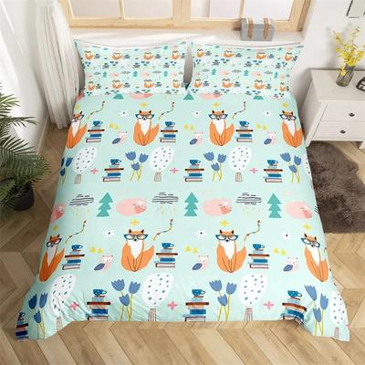 Cute Fox Duvet Cover Cartoon Animal Bedding Set Microfiber Botanical Tree Branches Comforter Cover Twin King For Kids Boys Girls