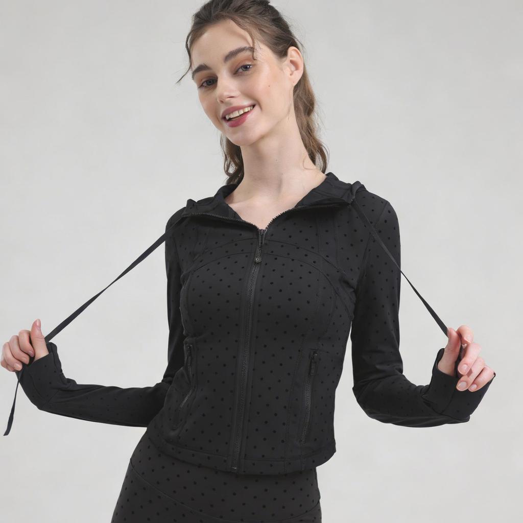 Dámská flísová mikina s kapucí a puntíky - Dlouhý rukáv, zapínání na zip, fitness top