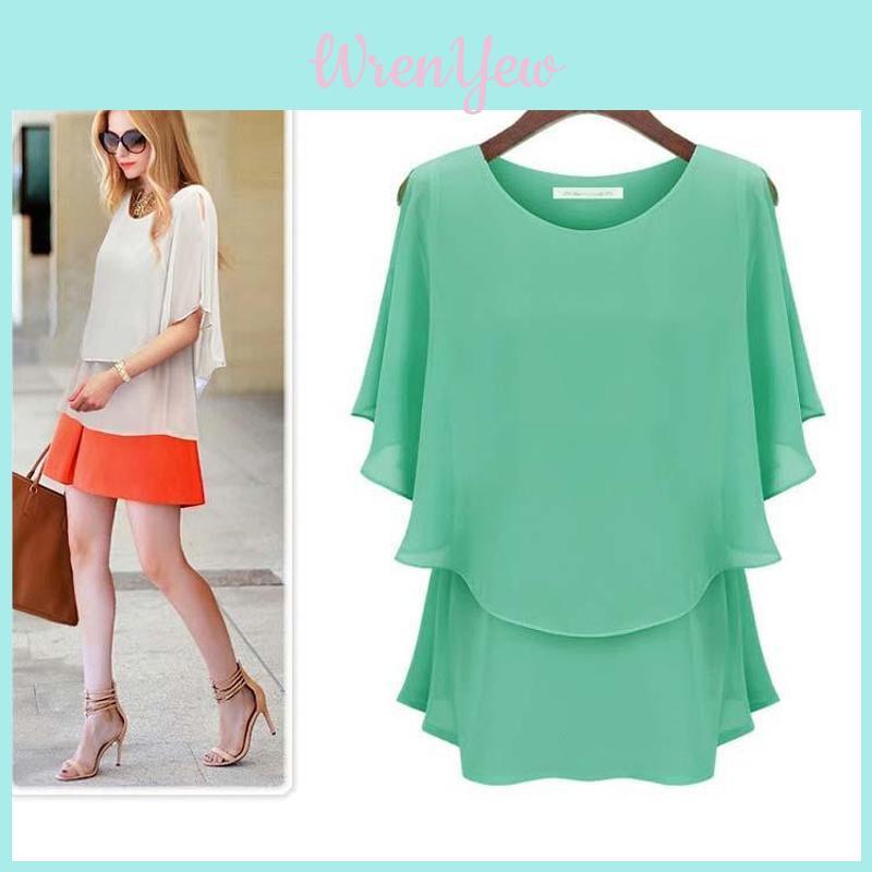 New Arrival Latest Women Chiffon Summer Plus Size Lotus Sleeve Double Shirt Sundress Elegant Casual Wear