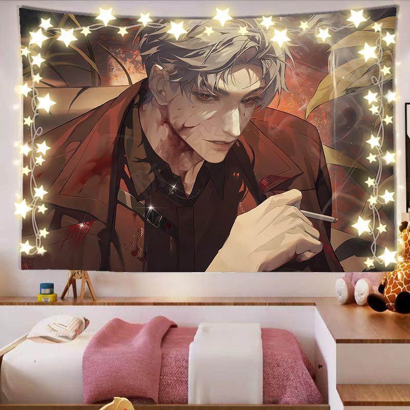 Dark Anime Man Tapestry Wall Hanging Silver Hair Blood Bandages Red Background Aesthetic Wall Art Dorm Decor