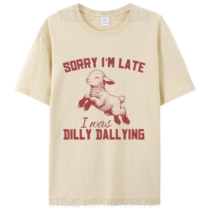 Promiň, že jdu pozdě, loudal jsem se. Vtipné meme s kozou, jak skáče. Unisexové módní bavlněné tričko s kulatým výstřihem a grafickým Y2k topem.