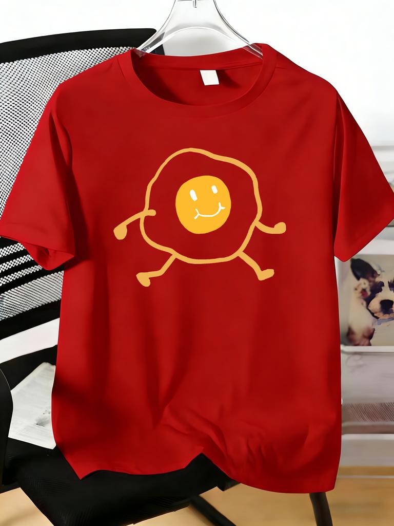 Unisex Daily Casual Short Sleeve T Shirt Adorable Moving Fried Egg Smiley Cartoon Graphic Light Cotton Male Street Summer Basic Tee