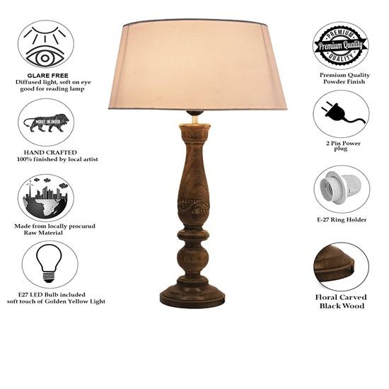 58 Cm Floral Carved Black Wood Table Lamp with White Drum Shade Bedroom, Dining Room, Hotel Room, Living Room, Office Bulb Not Included