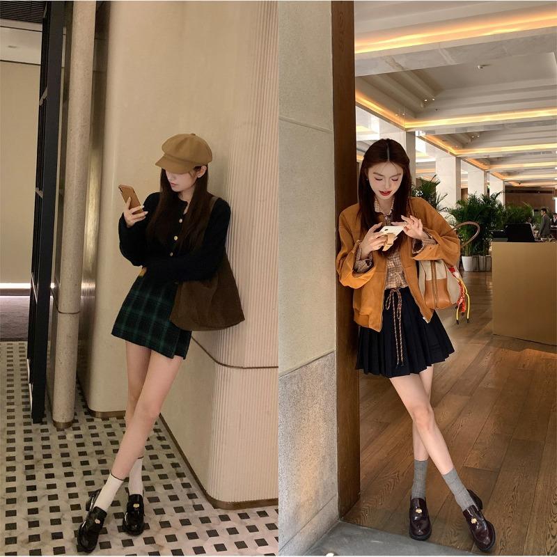 Sheepskin British round head gold coin genuine leather thick sole one pedal thick heel women's small leather shoes