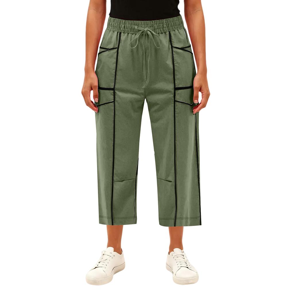 Women’s Loose Fit Cropped Wide Leg Pants with Elastic Waist and Multiple Large Pockets for Casual Everyday Wear