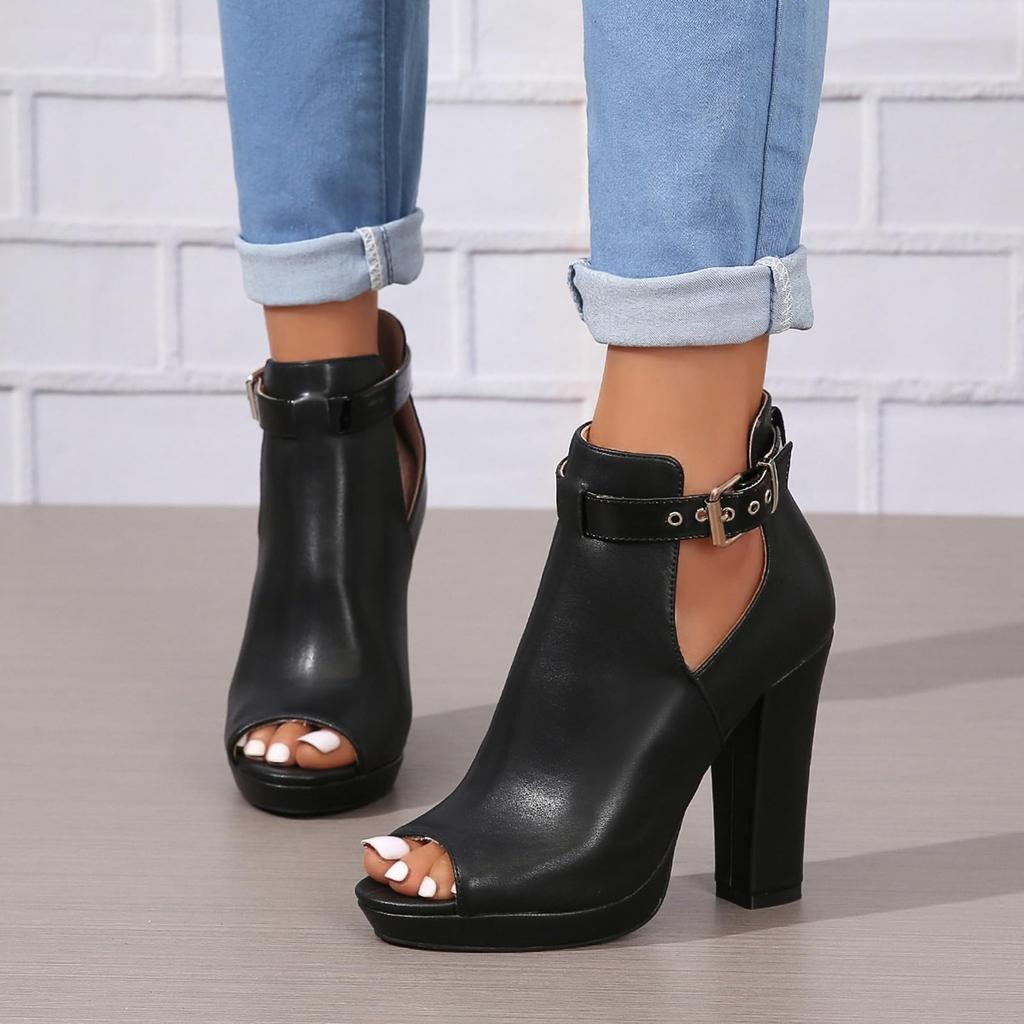 Women's Open Peep Toe Booties Cutout Side Strap Buckle Chunky Block Heel Fashion Short Boots Dressy Sandals