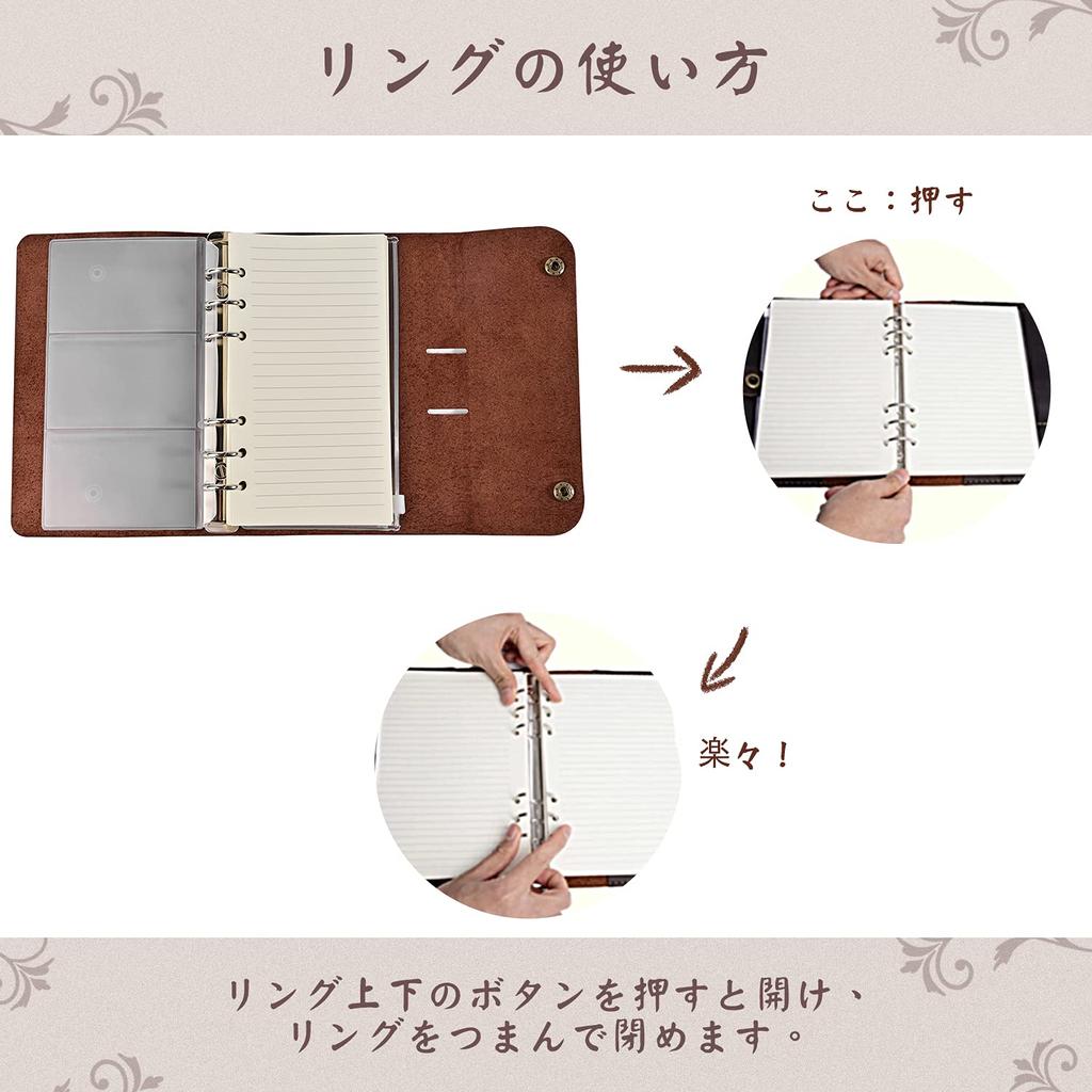 ROTERDON System Genuine 80 6 Holes Inner Diameter Standard Loose Leaf 3 Memo Card Business Office Memorandum Planner, Leather, A6, Refills, (Ring