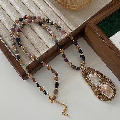 Collier de perles de tourmaline Bijoux de style ethnique haut de gamme Pendentif en perles baroques naturelles Chaîne de pull Collier long Bijoux