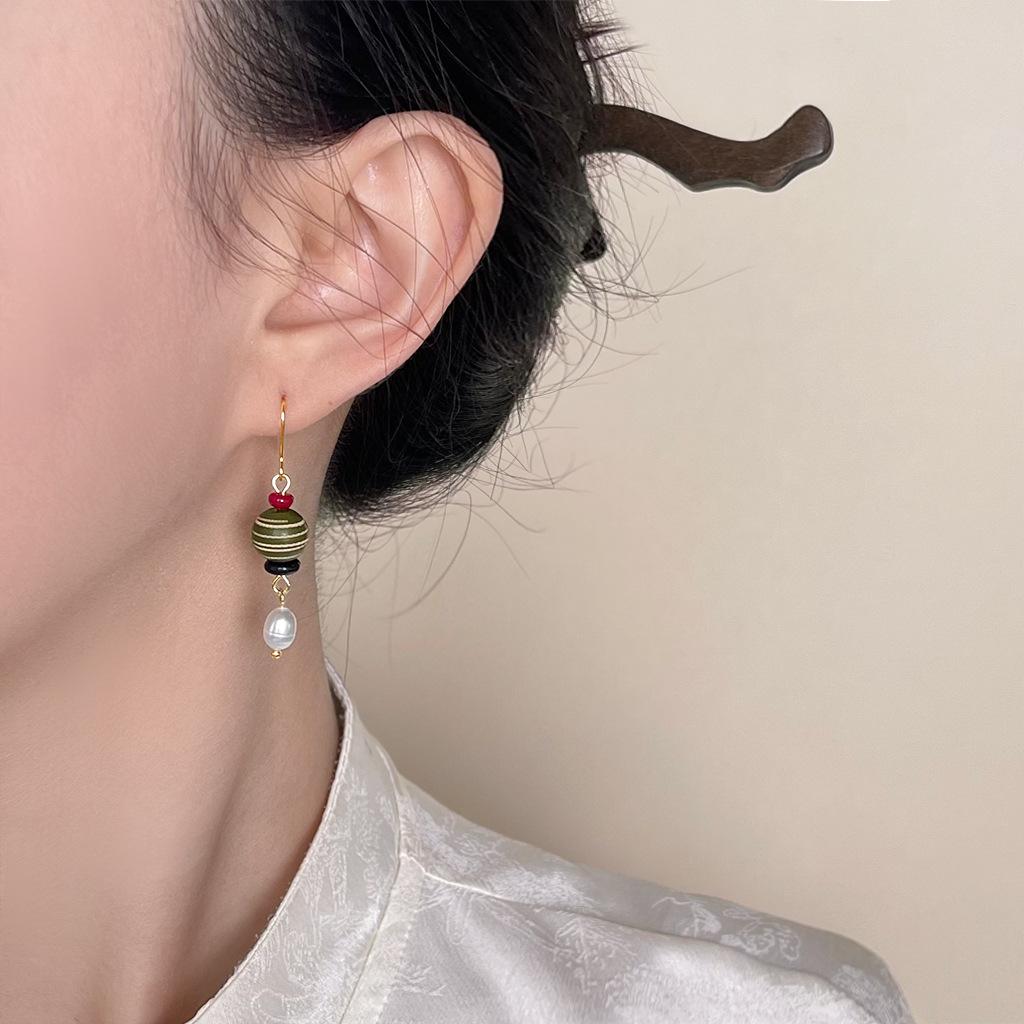 Handmade Wooden Freshwater Pearl Beaded Earrings - Retro Ethnic Hanfu Style