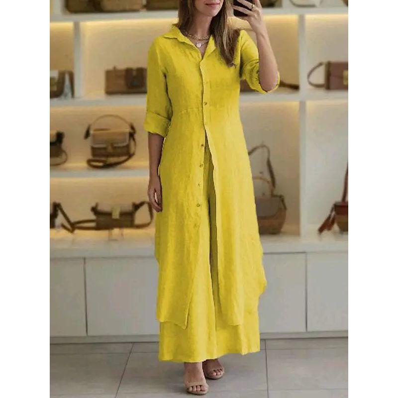 

Temperament Two-piece Set Slim fit Waist Hugging Long Shirt Wide Leg Pants Set Women Shirt Wide Leg Pants Set Yellow 5XL