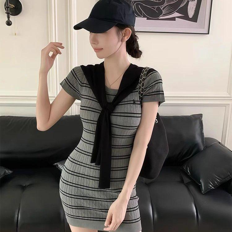 Pure Sensual and Sexy Knitted Short-sleeved Dress for Women, Summer Slimming and Figure-hugging Striped Short Skirt