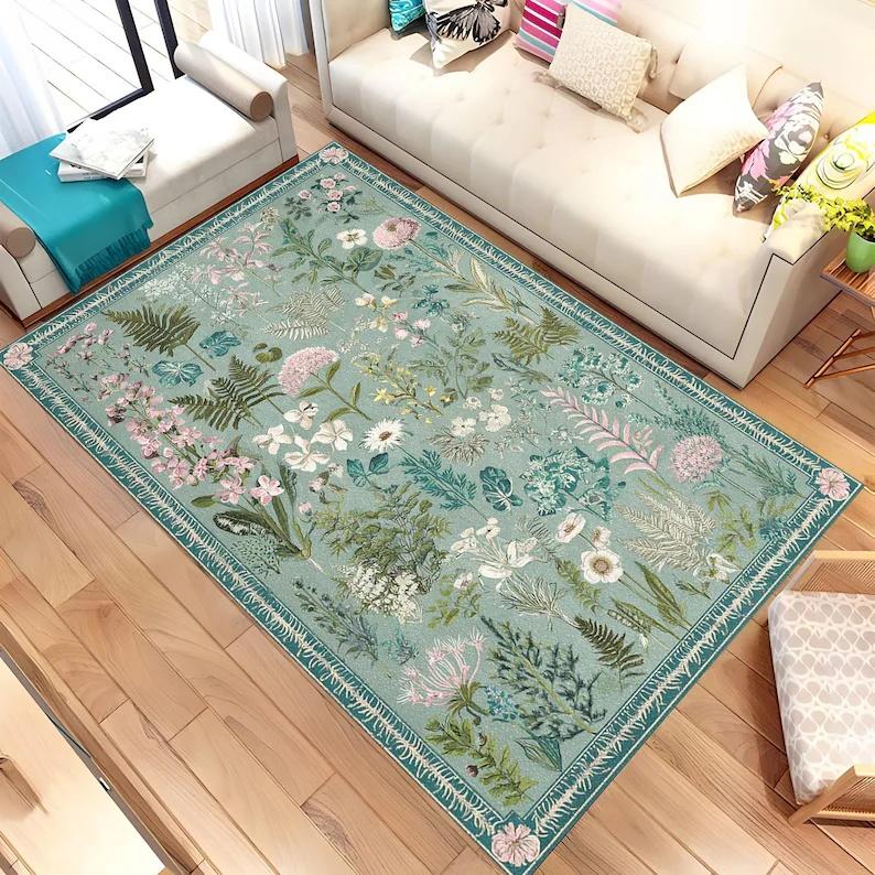 Vintage Lilienpflanzen-Teppich Wohnzimmer Schlafzimmer Vintage Grüner Randteppich Luther Pflanze Vollteppich Heimdekoration