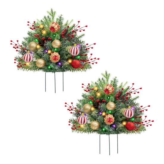 Lighted Artificial Christmas Urn Filler Battery Powered Pre-lit Xmas Pine Trees with LED Lights And Tripod Stake Holiday Planter Filler