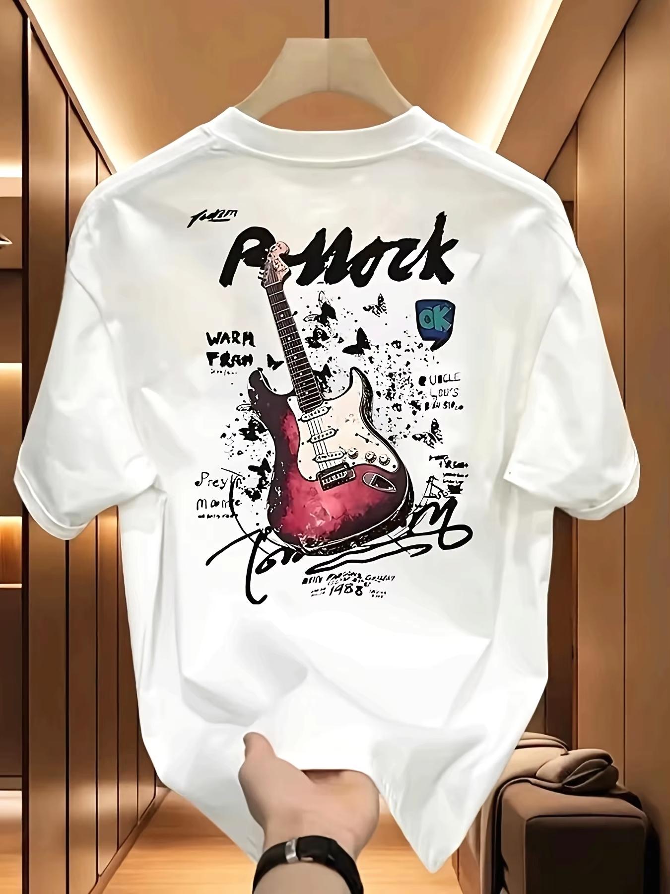 Camiseta De Algodón Holgada Para Hombre Manga Corta Estilo Casual Con Diseño Inspirado En Roca Y Estampado De Guitarra Roja S