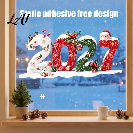 Festive Home Window Ornaments 2027 Christmas Static Clings Snowman Snowflake Holly Glass Stickers Clear Vivid Film Reusable Xmas Decals for
