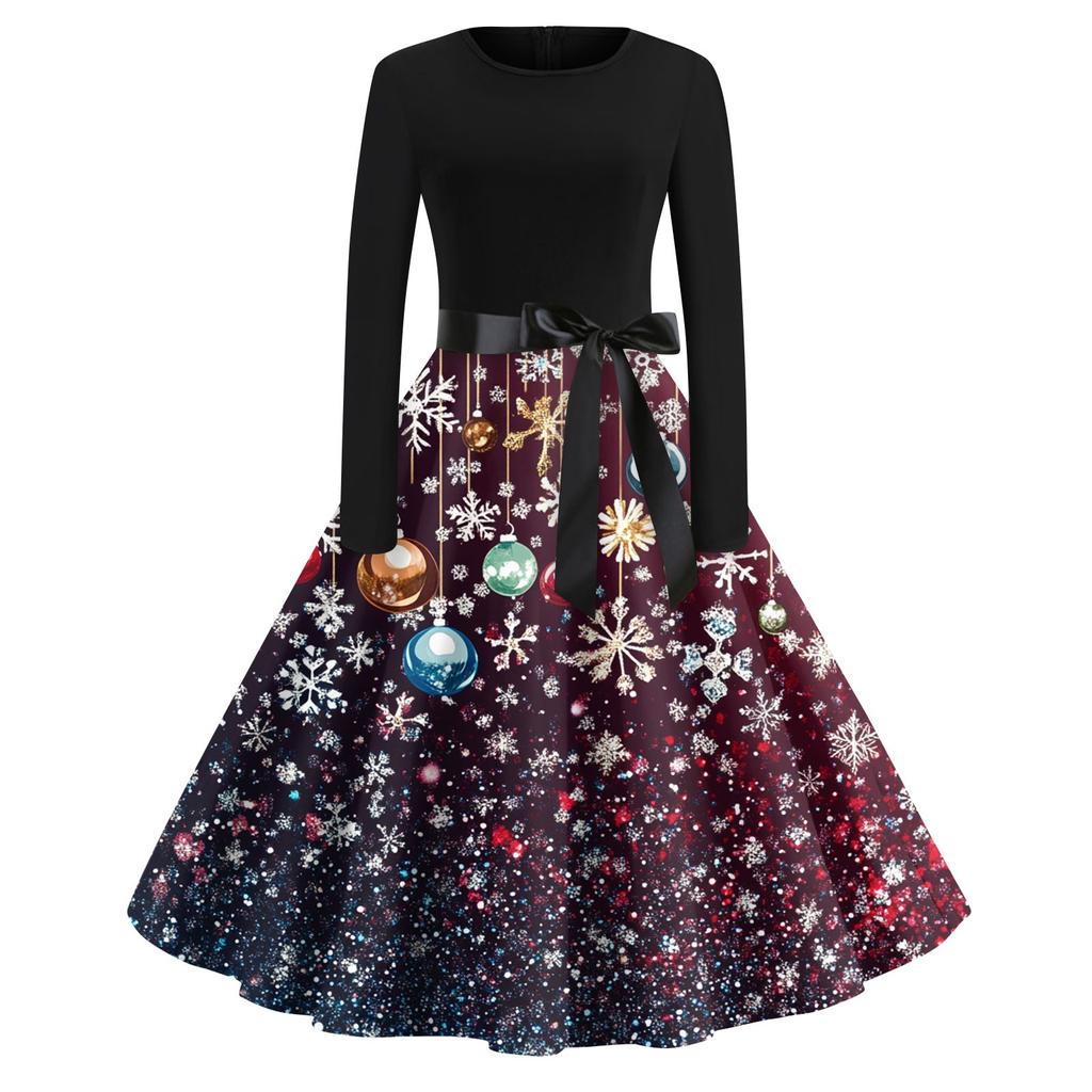 Damenmode Rundhalsausschnitt Lässig Schlank Weihnachten Bedruckte Langarmkleider