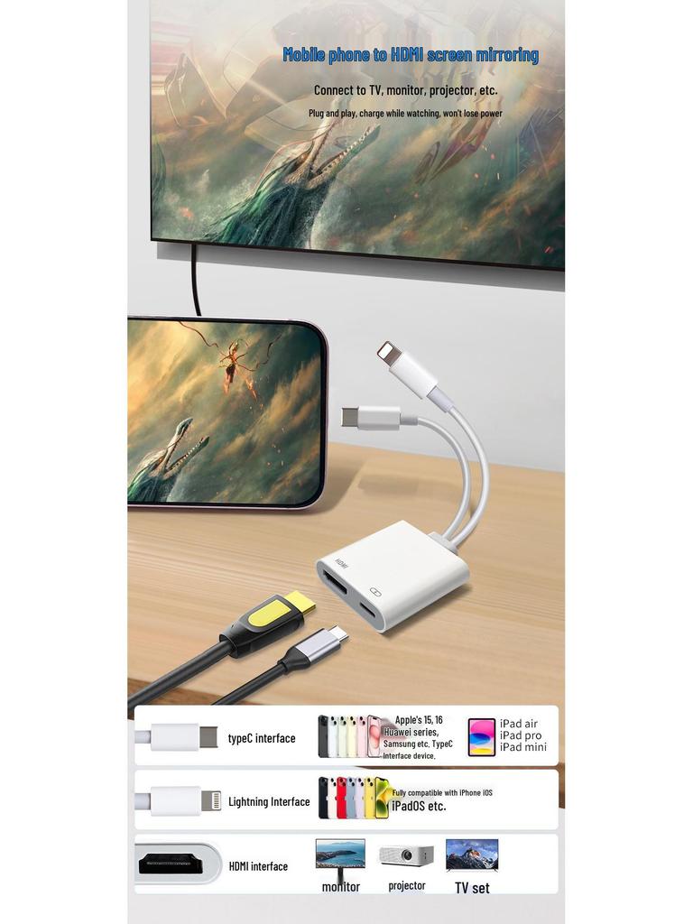 HD Screen Mirroring Device, No Power Needed, Fast Charging, Built-in Chip, Compatible with Apple Type-C To HDMI Projectors