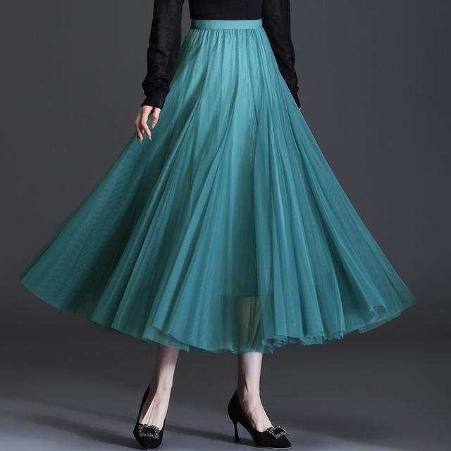 Spring Autumn Summer Holiday Beach Women Long Midi Skirt Ladies Elastic High Waist Tulle Mesh Pleated Tutu Skirt
