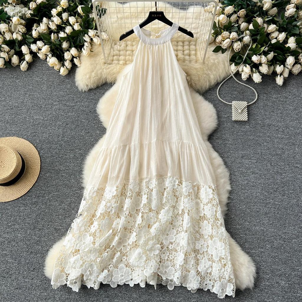 Moda femei broderie flori dantela scobire rochie de vară ocazional fără mâneci largi de vacanță rochii de plajă