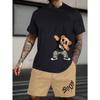 Men's Round Neck Casual Summer T-shirt with Cartoon Characters and Letter Patterns, Short Sleeves and Drawstring Shorts