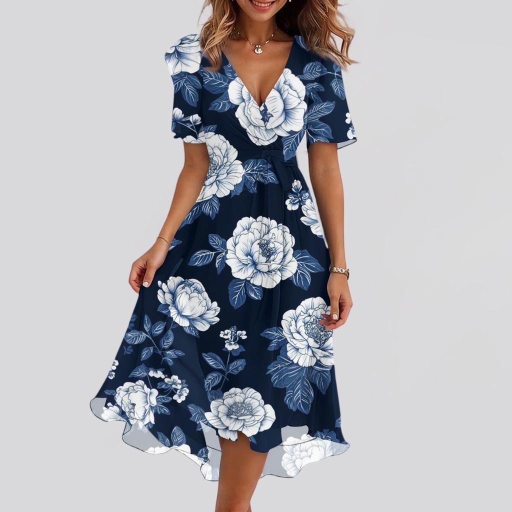Dámské módní ležérní šaty s výstřihem do V, krátkým rukávem, volánky a vintage potiskem