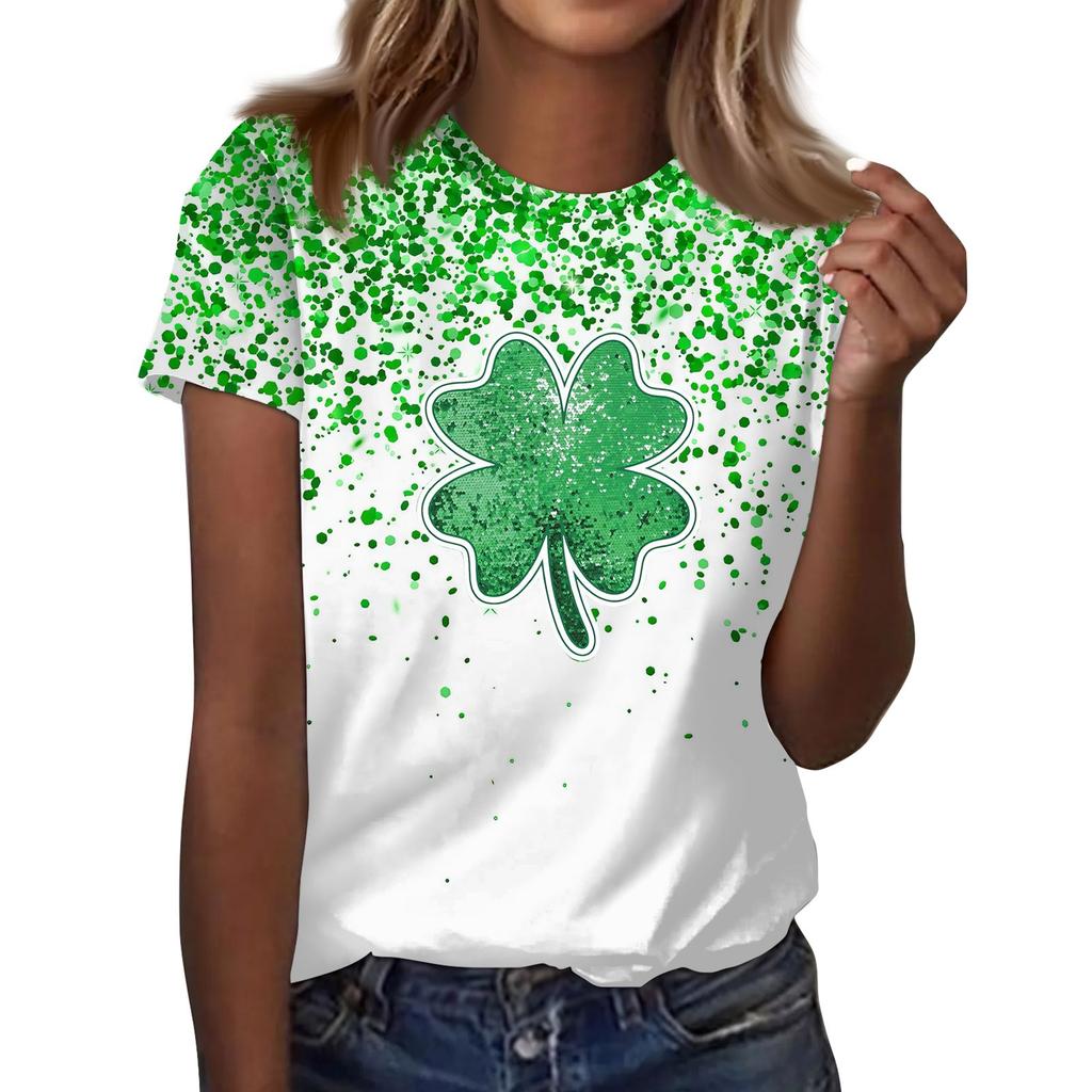 Women's  Casual Short Sleeve Shirts Fashion St Patrick's Print Tunic Tops With Pockets