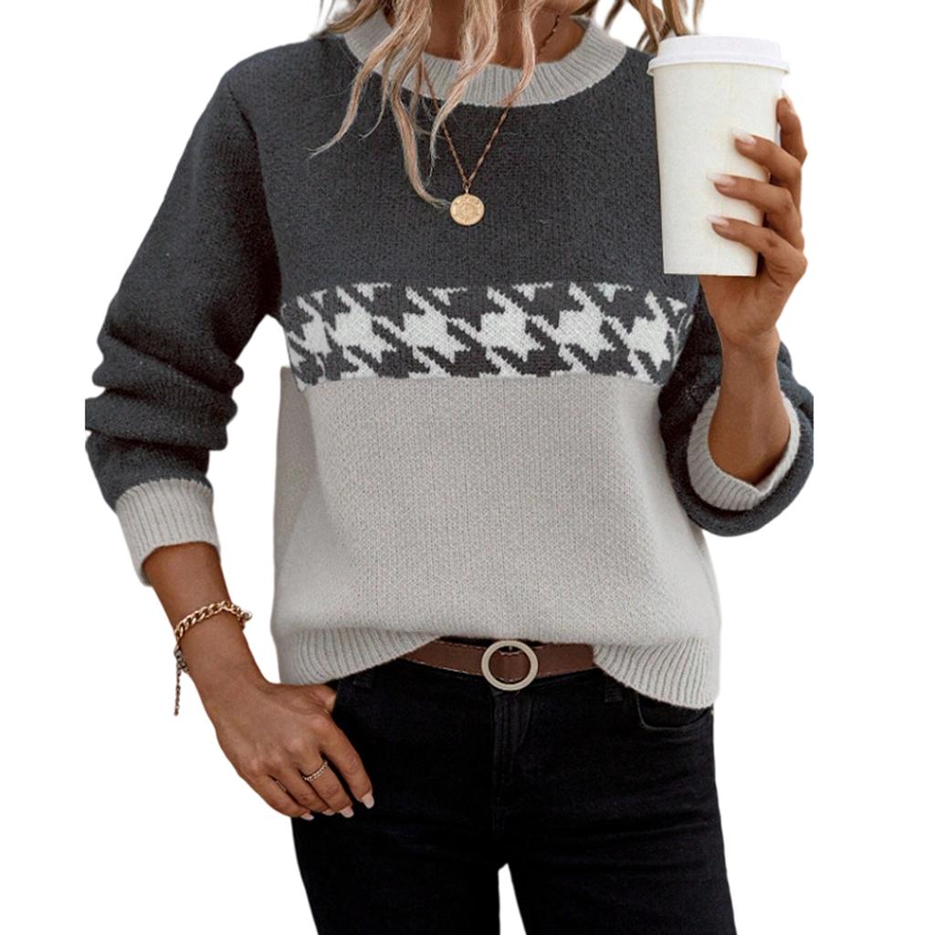 Women's Casual Round Neck Colorblock Pullover Sweater Geometric Long Sleeve Contrast Color Top