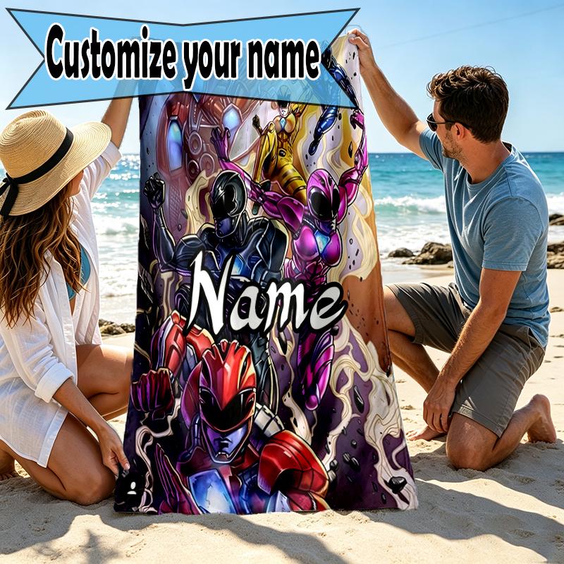 Custom Name Personalized Mighty Morphin Power Rangers Print Beach Towel, for Trip Camping Beach Party Home Decor, Birthday Gift for Family & Friends