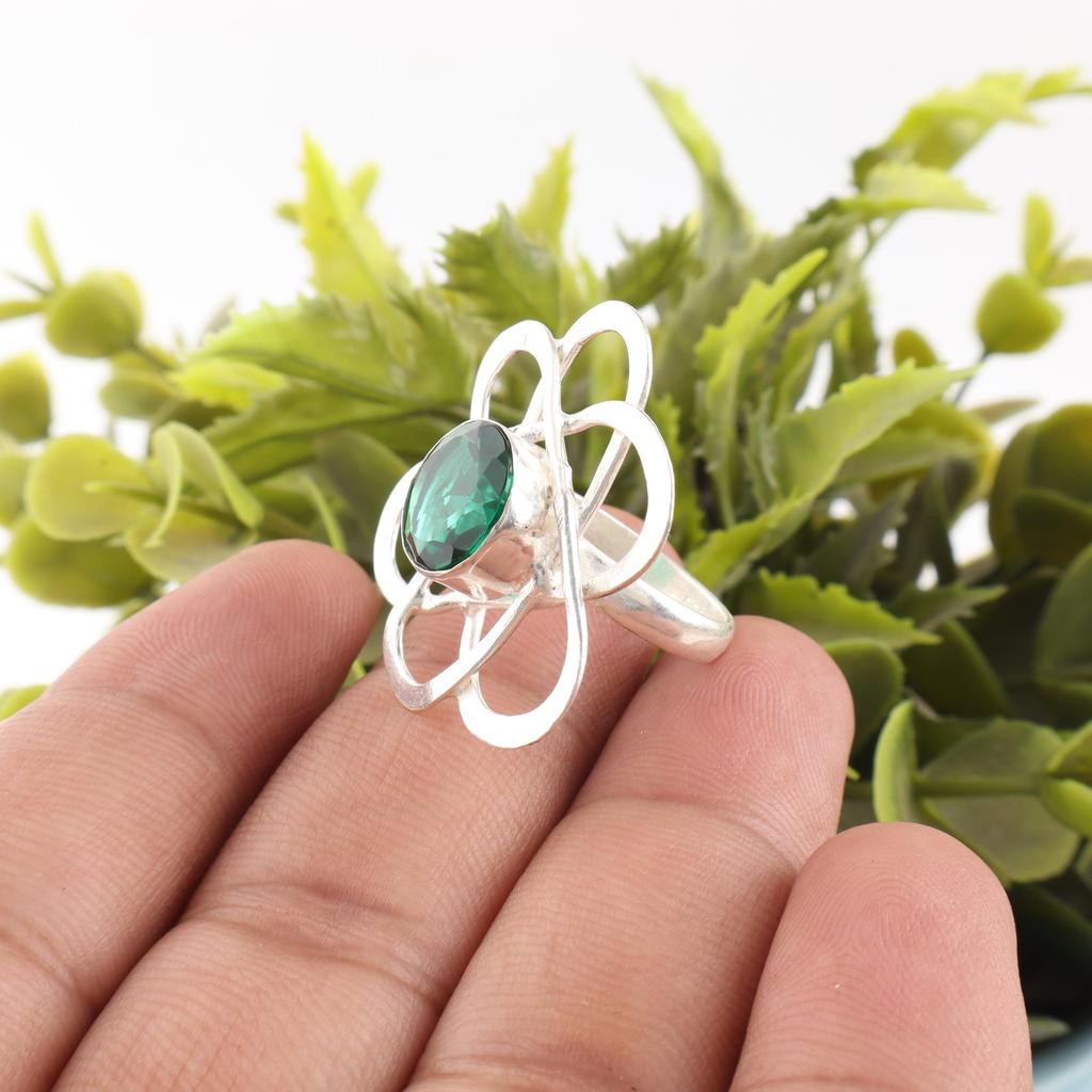 Green Emerald Lab-Created Gemstone Jewelry, 925 Solid Sterling Silver Ring, Handmade Wonderful Silver Women's Ring Gift For Women